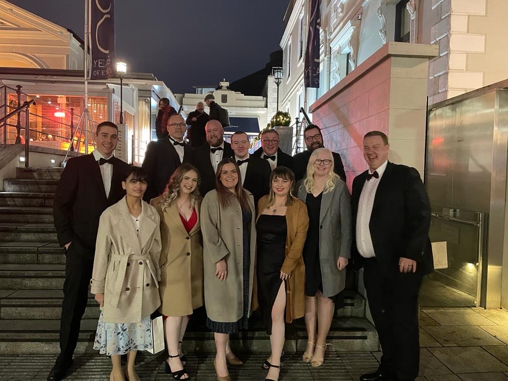 IA Labs and NCBI staff on the steps of the Mansion House ahead of the Spider Awards ceremony