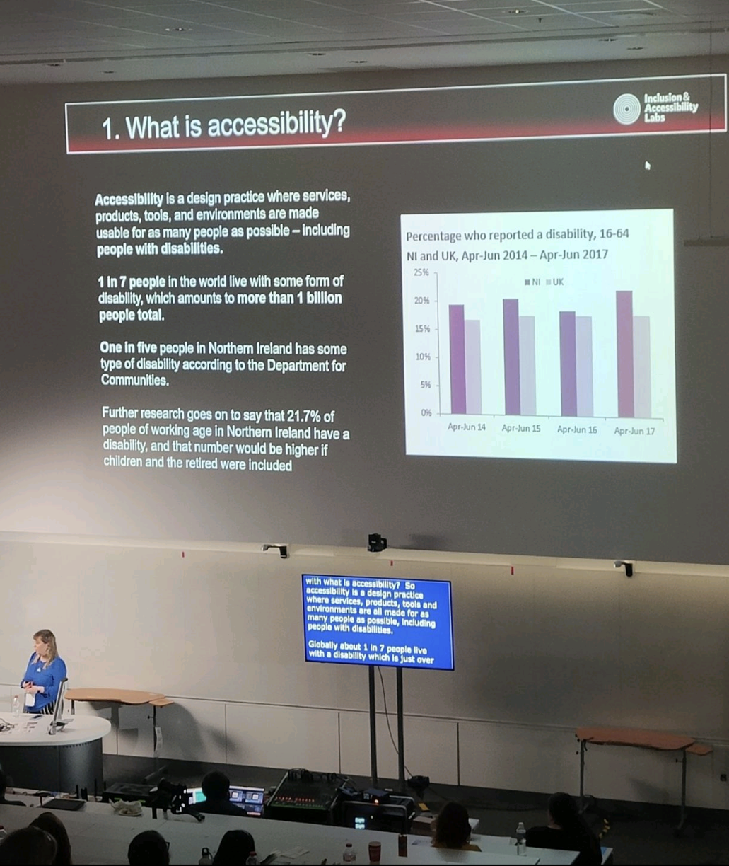 Adela Buliman speaking at Women TechMakers Belfast, with her PowerPoint slide on what accessibility is projected on the wall